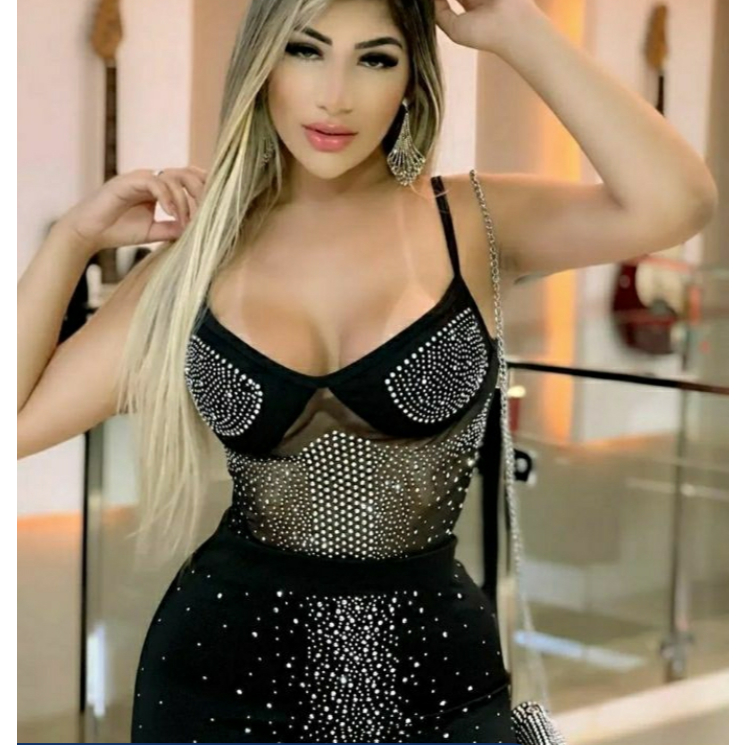 Conjunto body pedraria com bojo e saia pedraria
