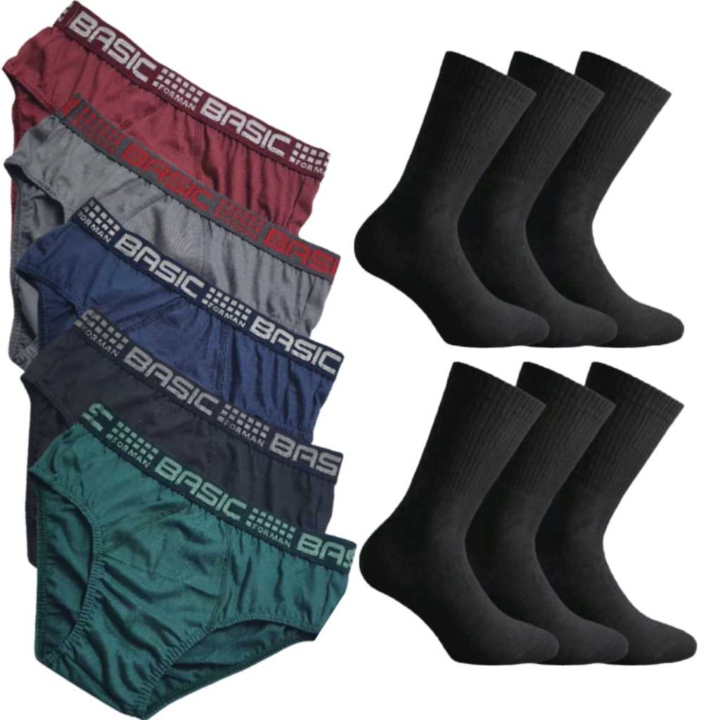 Kit com 6 Cuecas Adulto Algodão Slip + 6 Meias Adulto Cano Longo Cano Alto