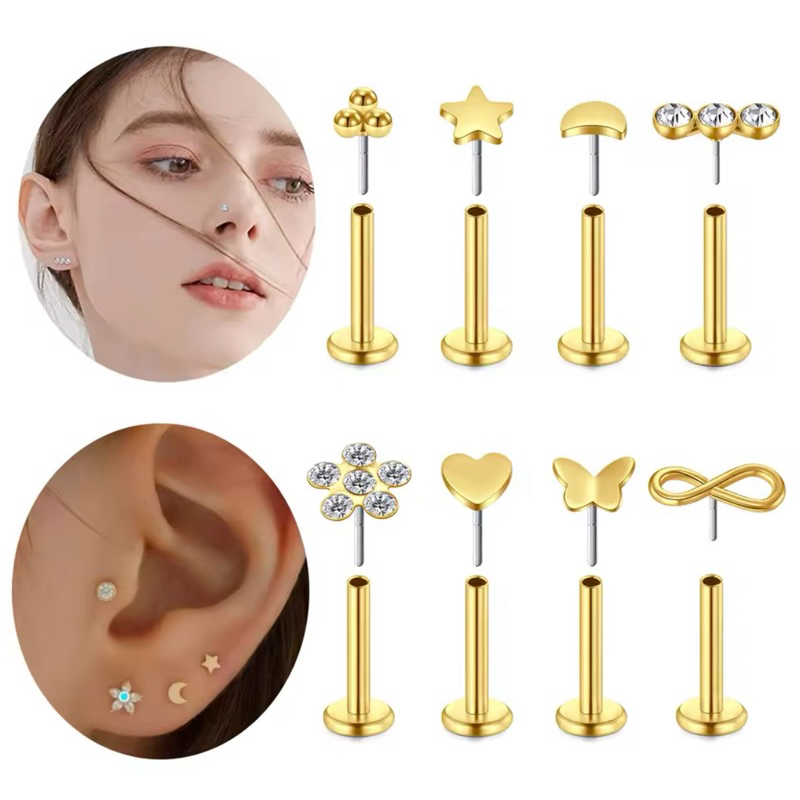 piercing pin push plug labret tragus helix coração/estrela/flor/lua ço cirúrgico dourado - 1 peça em Oferta na Shopee
