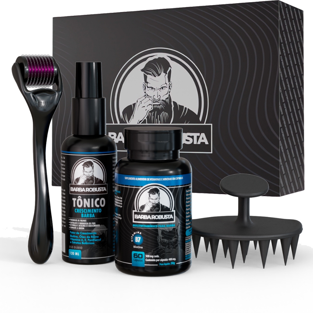 Kit Crescer Nascer Barba com Tônico, Esfoliante Cápsula, Dermaroller, Massageador Barba Robusta