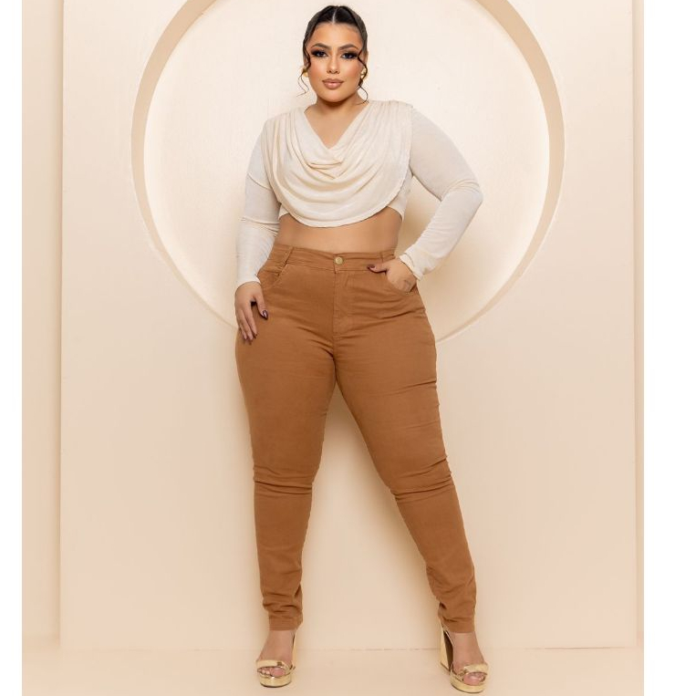 Calça jeans Feminina Plus Size Marrom Com Lycra em Oferta na Shopee