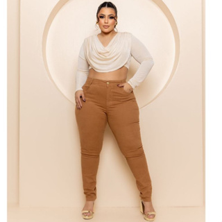 Calça jeans Feminina Plus Size Marrom Com Lycra em Oferta na Shopee