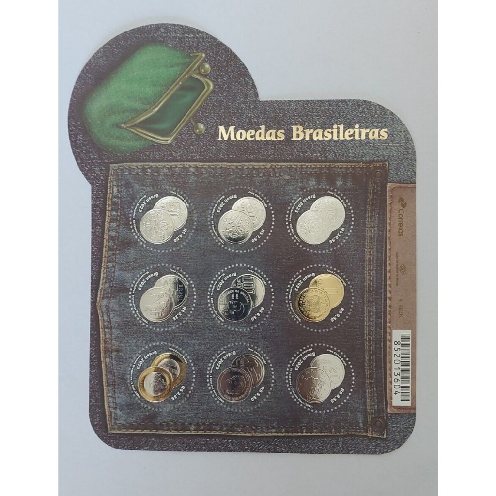 Folha c/ 09 selos Moedas do Brasil Real Réis Cruzeiro Cruzado 2023 Correios do Brasil Original