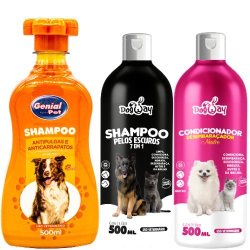 Kit Shampoo Antipulgas Para Cachorro E Gatos + Condicionador + Shampoo Escurecedor Pelos Escuros