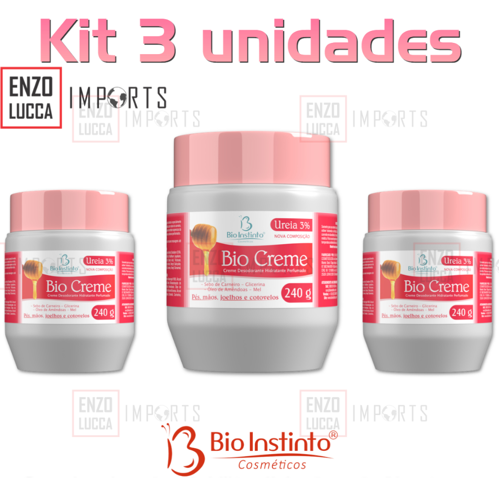 Kit 3 Unidades Bio Creme Desod. e Hidratante Perfumado Para Pés e Mãos 240g Bio Instinto