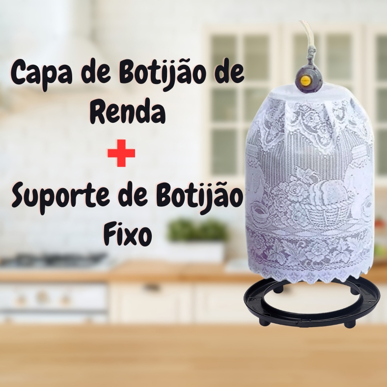 KIT Capa de Botijão de Gas de Renda  + Suporte de Botijão de Gás Fixo Plástico PRETO - Panami