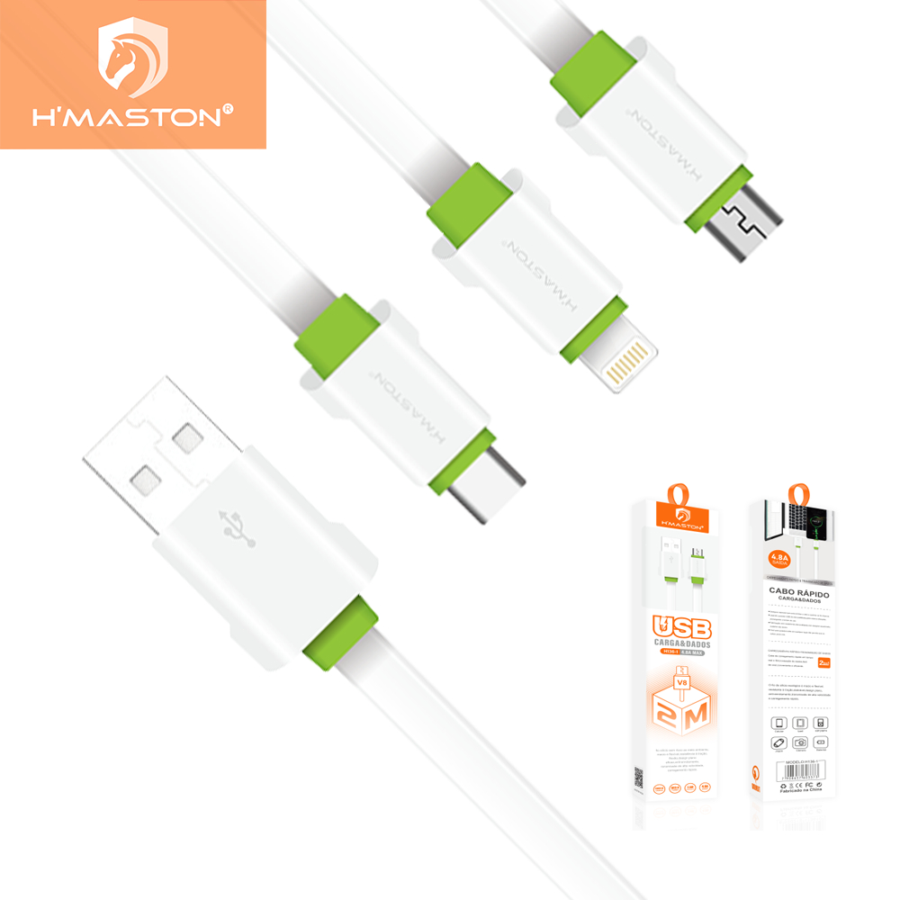 H'maston H136 Cabo entrada V8 USB Tipo C IOS Cabo De Carga Super Rápida 2 Metros 3Metros em Oferta na Shopee