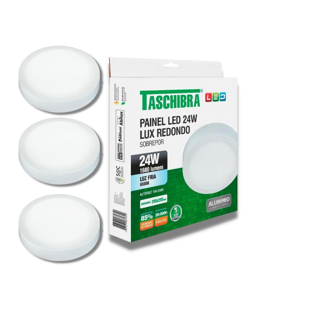 Kit 3 Painel Plafon Led 24w Redondo Sobrepor Lux Taschibra Bivolt 6500k 4000k 3000k