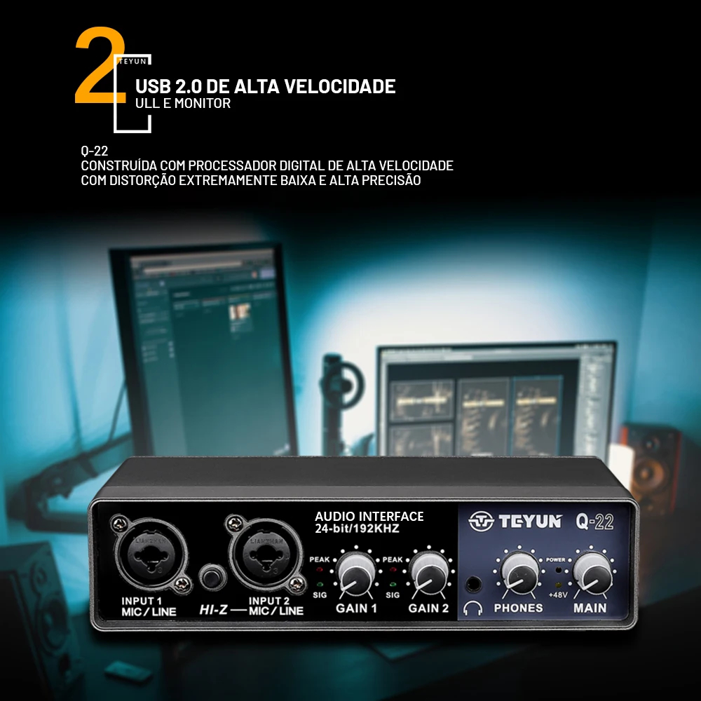 Detalhes do TEYUN Q-22 Audio Interface Placa De Som Com Monitoramento Guitarra Elétrica Live Recording Placa De Som Profissional