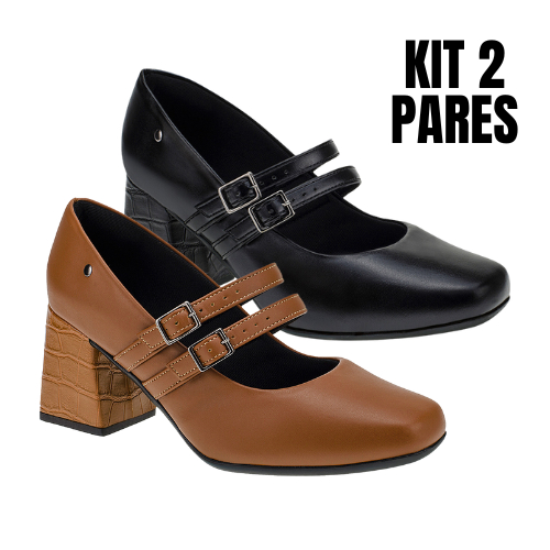 Detalhes do KIT 2 Pares Sapato Scarpin Boneca Feminina Salto Bloco Grosso Croco Super Confortável 2861