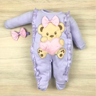 Macacão bebê menina bordado ursa coração com laço delicado em Oferta na Shopee