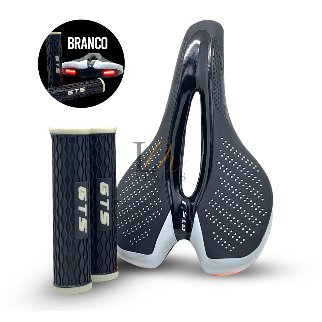 Kit Selim E Manopla GTS Banco Bicicleta Bike Com Lanterna LED Sinalizador 6 Modos Recarregável + Manopla Emborrachada Confortável