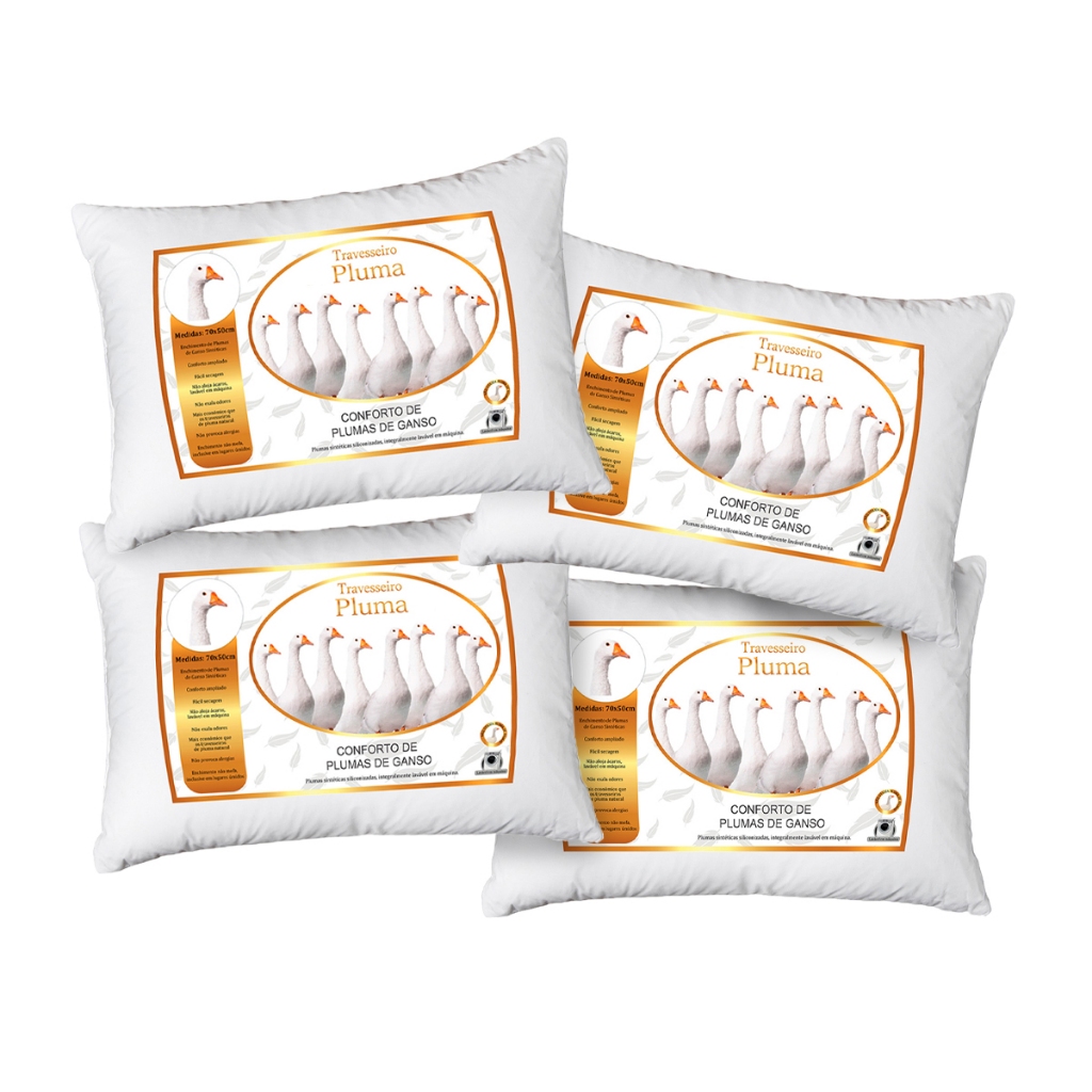Kit 4 Travesseiro Confortável Branco Para Cama Penas e Plumas de Ganso 70x50cm