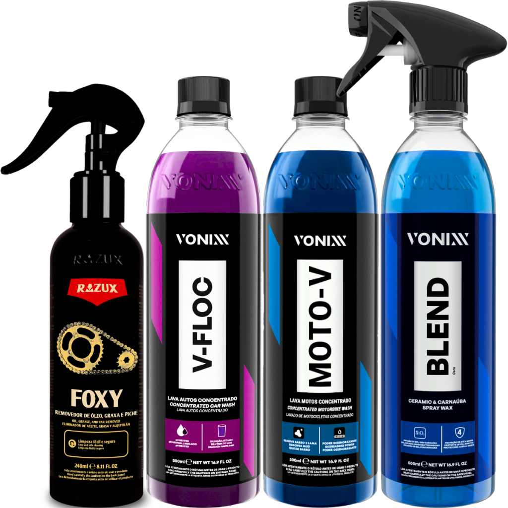 Kit Foxy Desengraxante Moto-V Shampoo V-Floc Cera Blend Vonixx