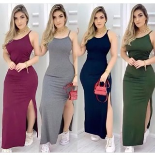 Vestido Longo Feminino costa nua com bojo fenda lateral Canelado Verão em Oferta na Shopee