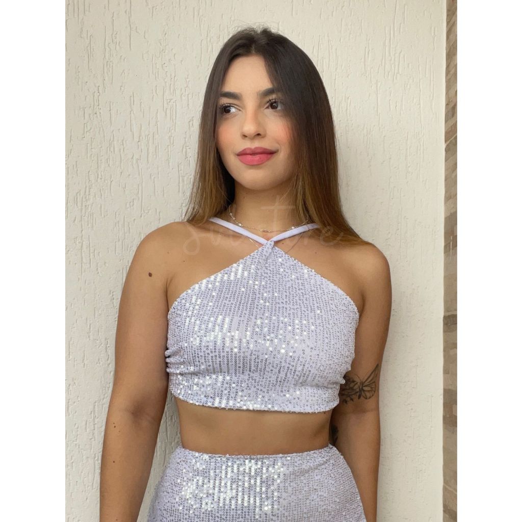 Cropped Paetê Charlotte Frente Única Versátil com Forro Brilho Festa Balada Carnaval Tendência 2025 em Oferta na Shopee