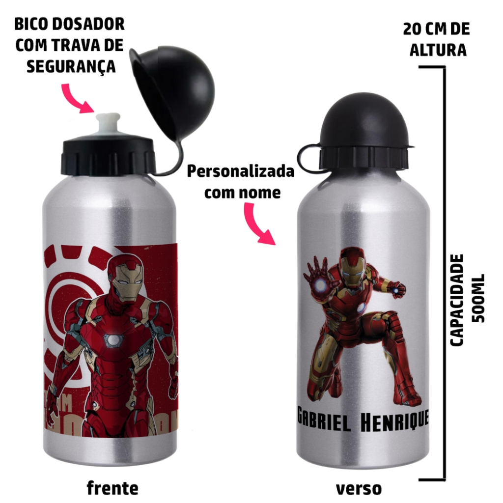 Garrafa Squeeze de alumínio Homem de Ferro  - Personalizada com nome em Oferta na Shopee