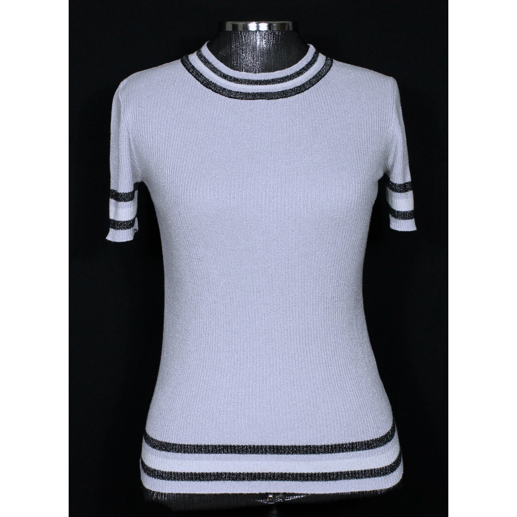 Blusa feminina de tricot linha leve com lurex Valentina C&A cinza a preto - Veste P/M - Ref. 2522 (brechó)