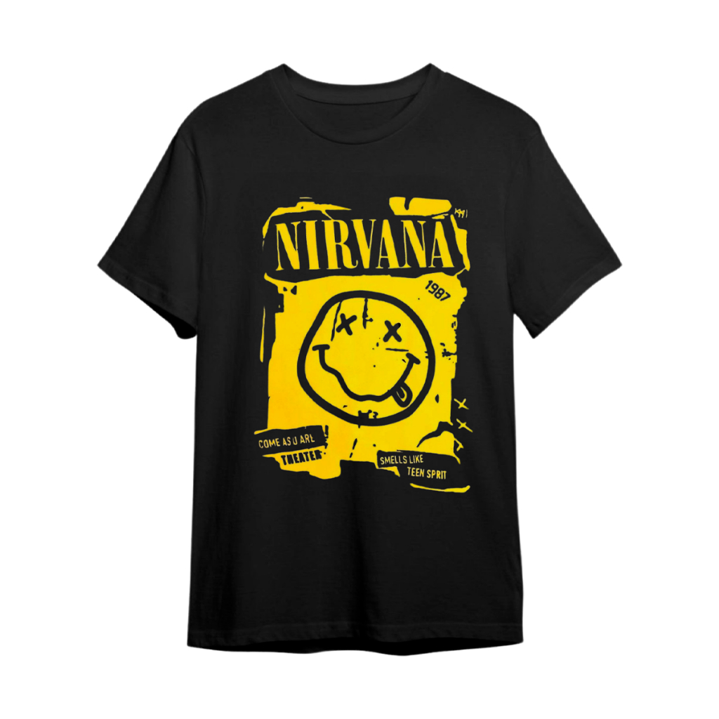 Camiseta Casual Feminina Masculina Preta Rock Nirvana, Rock'n Roll, Banda de Rock, Grunge