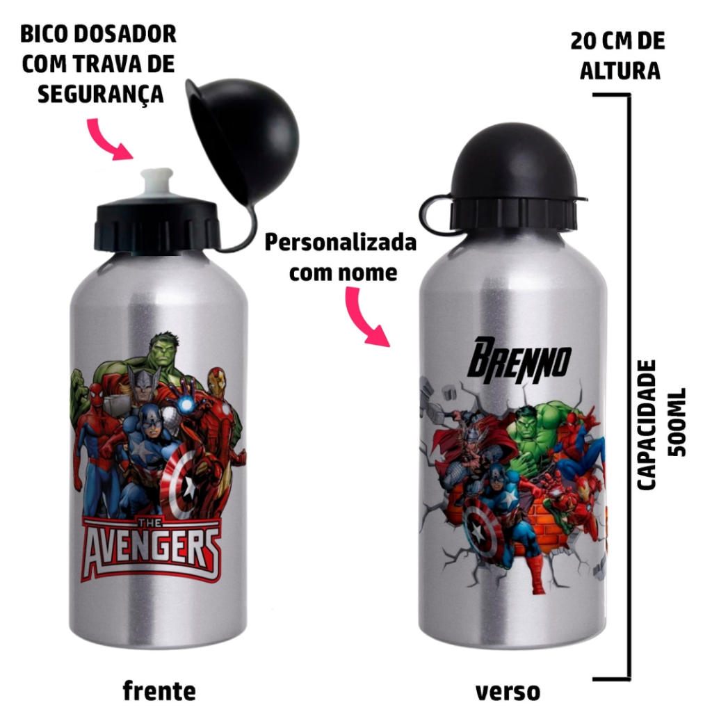 Garrafa Squeeze de alumínio Vingadores  Personalizada com nome em Oferta na Shopee
