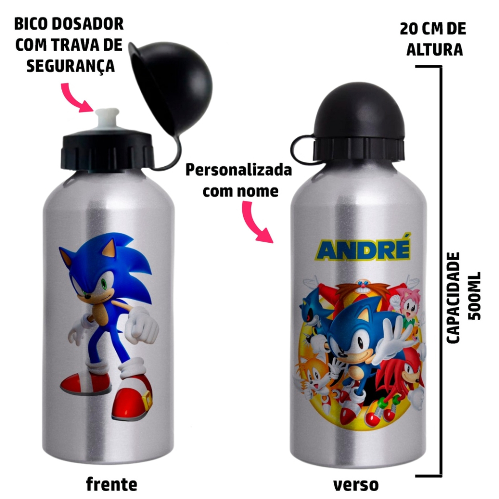 Garrafa Squeeze de alumínio Sonic - Personalizada com nome em Oferta na Shopee