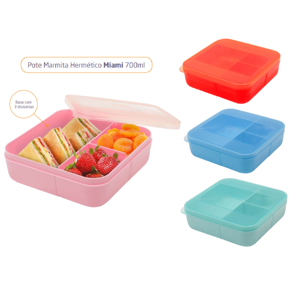 Pote Hermético Marmita 700ml com 3 Divisórias Dup Miami Lancheira Vasilha Microondas Freezer BPAFree em Oferta na Shopee