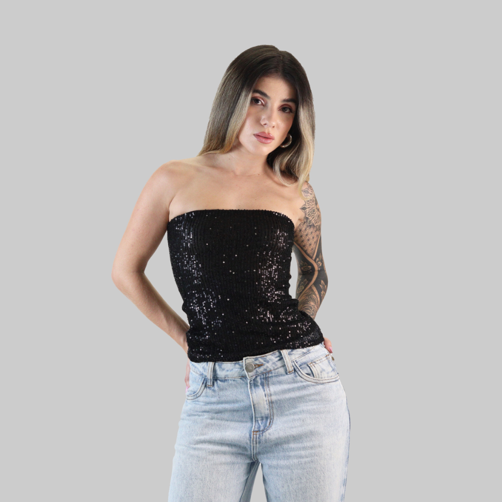 TOP TUBE FEMININO BLUSINHA JUSTA TOMARA QUE CAIA DE BRILHO PAETE CROP TOP PAETÊ VERÃO