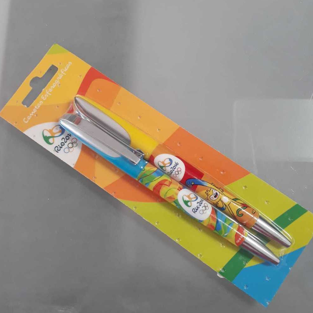 02 canetas oficiais Souvenir Mascote e logo Olimpidas do Rio de Janeiro 2016 Brasil Lacradas caneta esferográfica