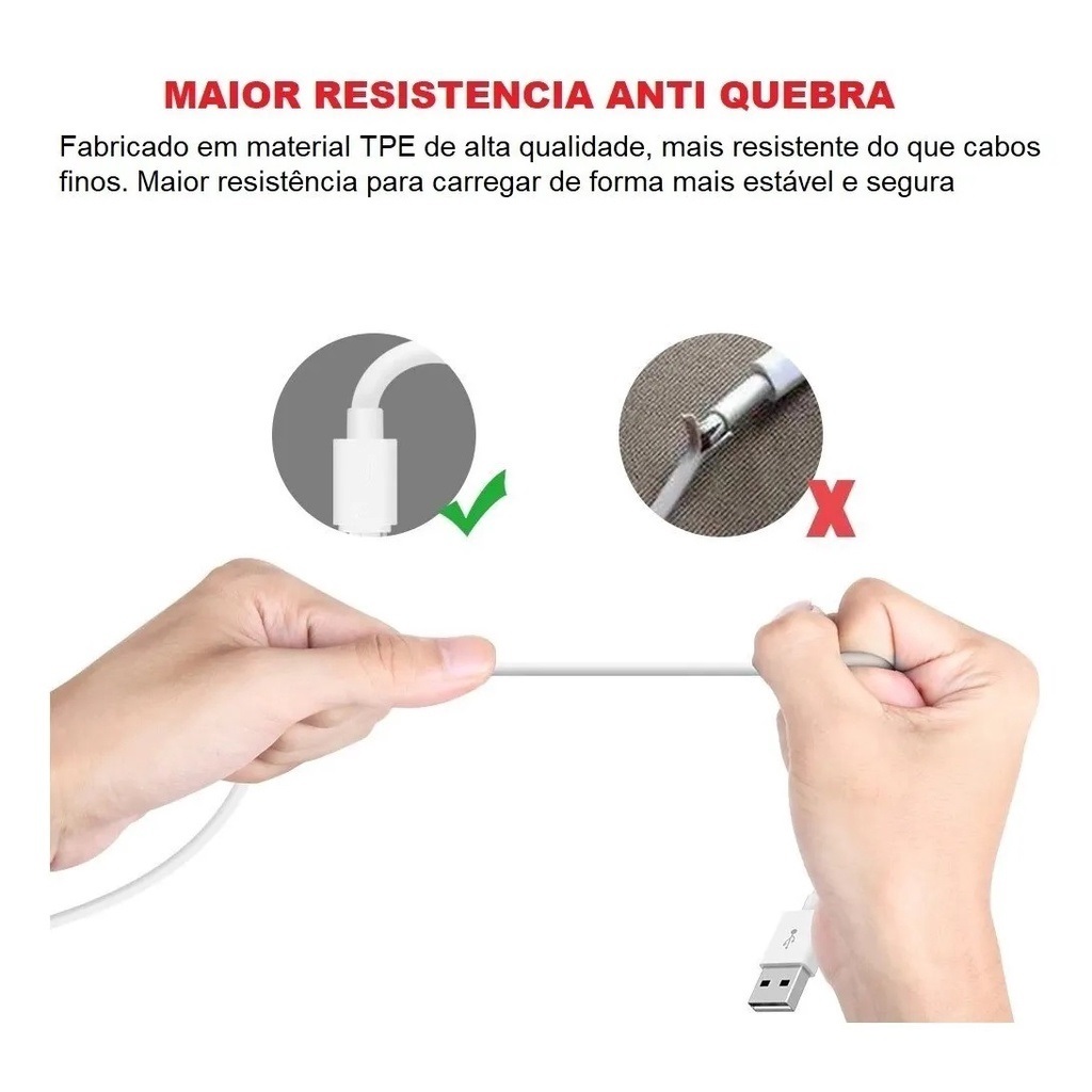 Cabo Carregador Dados USB iPhone Apple / V8 / Tipo C - 1 Metro - detalhe