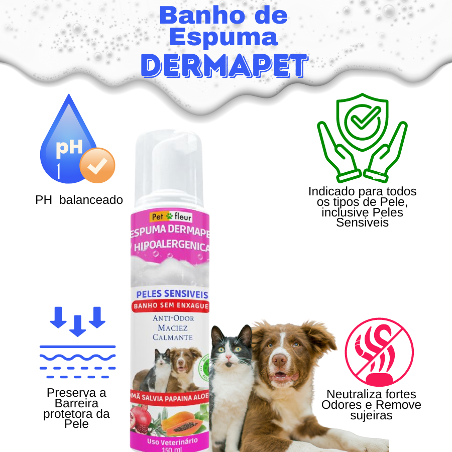 Banho a seco hipoalérgico Cães e Gatos -Espuma Dermapet Hipoalérgica - banho de Espuma sem enxague para Peles secas e sensíveis Calmante e Desodorizante - Extratos Orgânicos