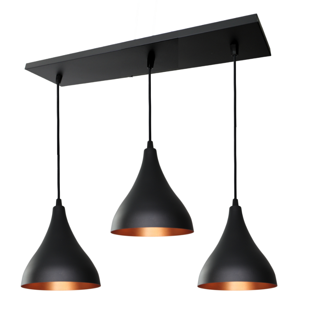 Pendente Lustre Gota Preto c/ Cobre Triplo na Canopla Retangular Teto/Sala/Cozinha Luminária