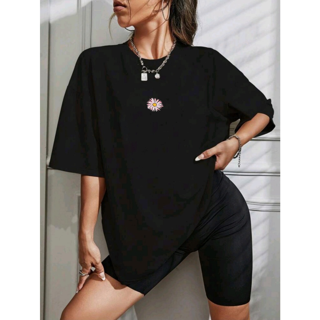 T-Shirt Camiseta feminino 100% algodão casual ombro caído com FLOR estampada