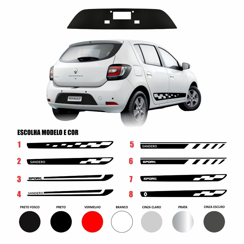 Kit Adesivos Laterais Renault Sandero 2015 a 2018 + Adesivo Fundo de Placa Preto Fosco