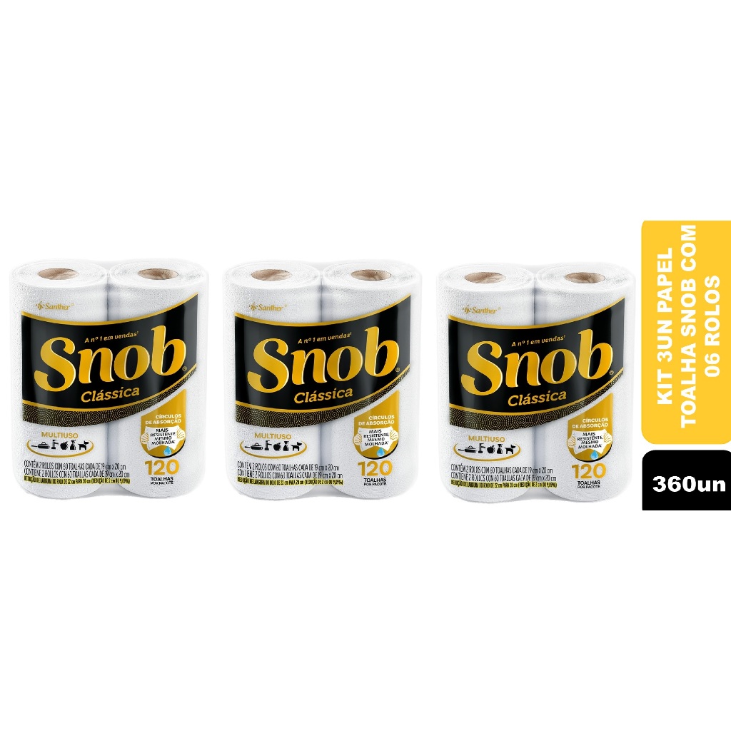 Kit 03un Papel Toalha Folha Dupla Snob Clássica 19cm x 20cm Pacote 2 Unidades com 60 Folhas Cada (360un) em Oferta na Shopee