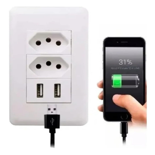 Tomada USB Universal  De Parede Bivolt Multifuncional Com 2 Entrada USB