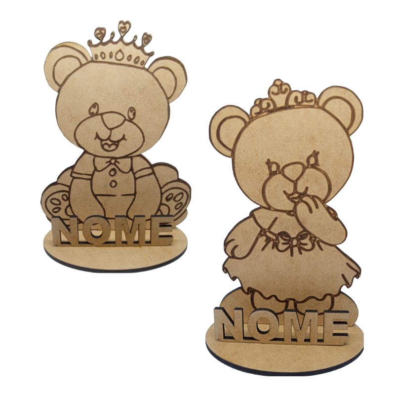 Kit 10 ou 15 Centro de Mesa Ursinha Princesa.Ursinho Rei Para Lembrancinha MDF c/Nome Personalizado Alt 14cm