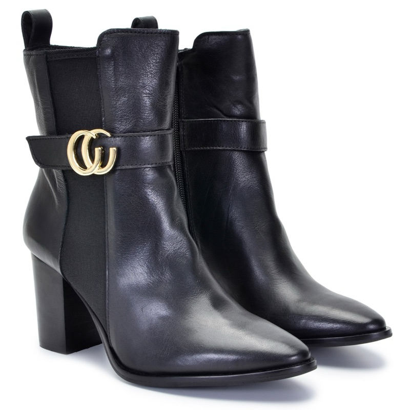 bota feminina couro cano curto botinha bico fino salto