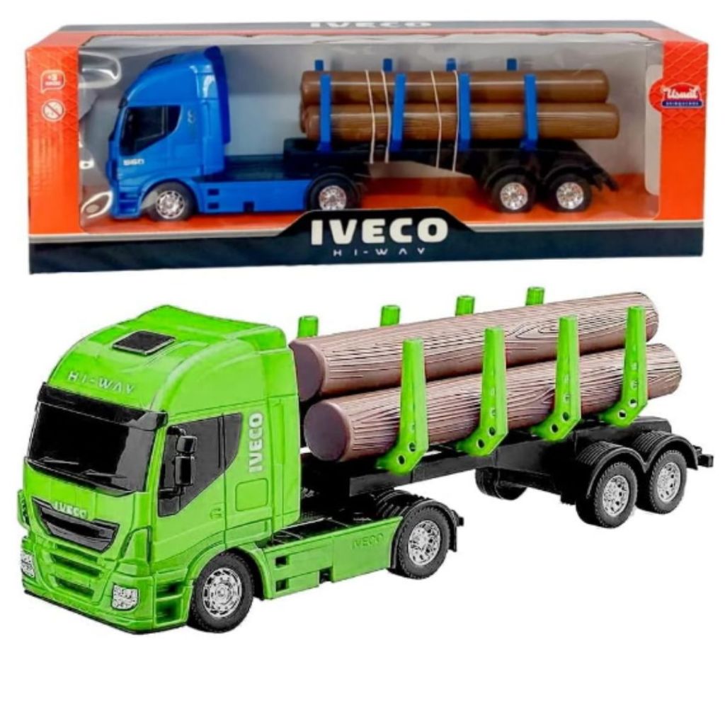 Caminhão de Brinquedo com Toras de Madeira Realista 40cm Hi way Iveco Carreta infantil Articulada
