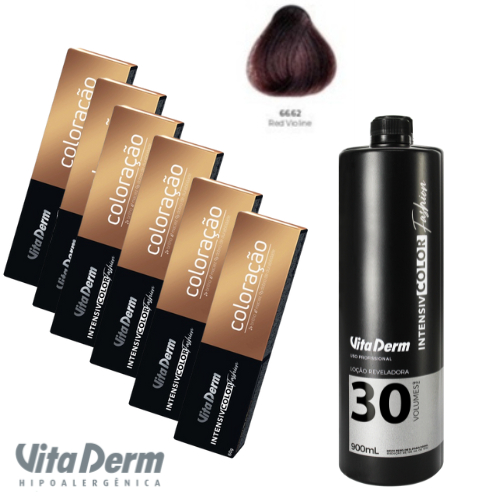 KIT COM 6 COLORAÇÃO 66.62 RED VIOLINE+ 1 LOÇÃO REVELADORA 30VL 90ML – VITA DERM