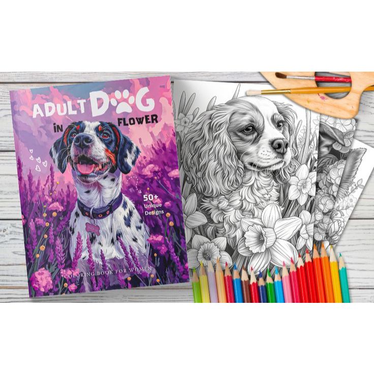 Kit 60 Desenhos Para Pintar E Colorir Cachorro Adulto em Flores - Folha A4!