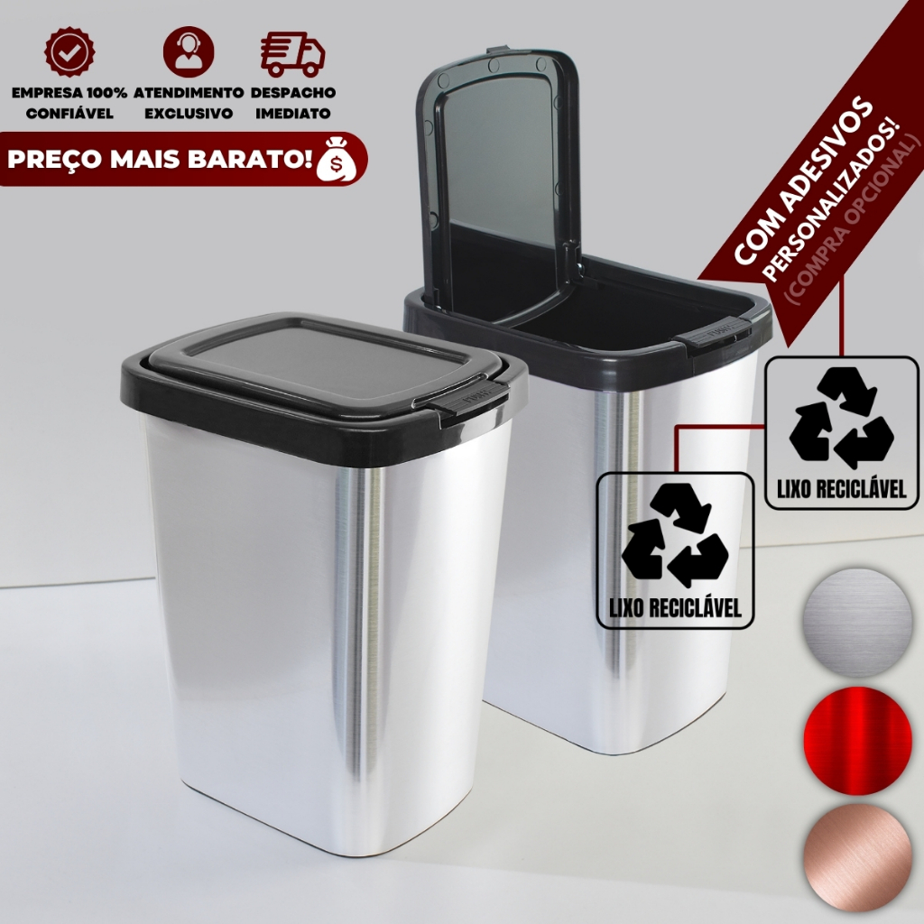 Lixeira Multiuso Prata 9 Litros com Tampa Automática Ideal P/ Cozinha, Banheiro, Escritório *1 ou 2*