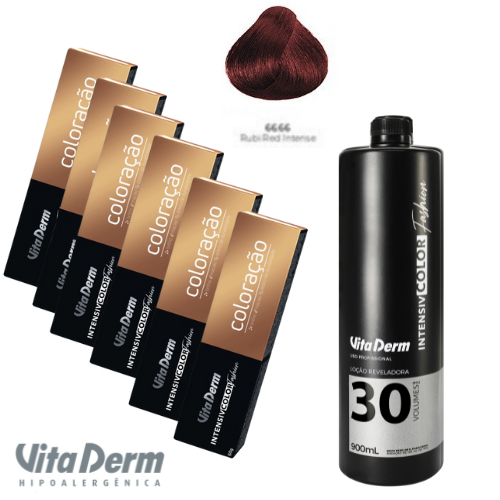 KIT COM 6 COLORAÇÃO 66.66 RED INTENSE - RUBI + 1 LOÇÃO REVELADORA DE 30VL 900ML  -VITA DERM
