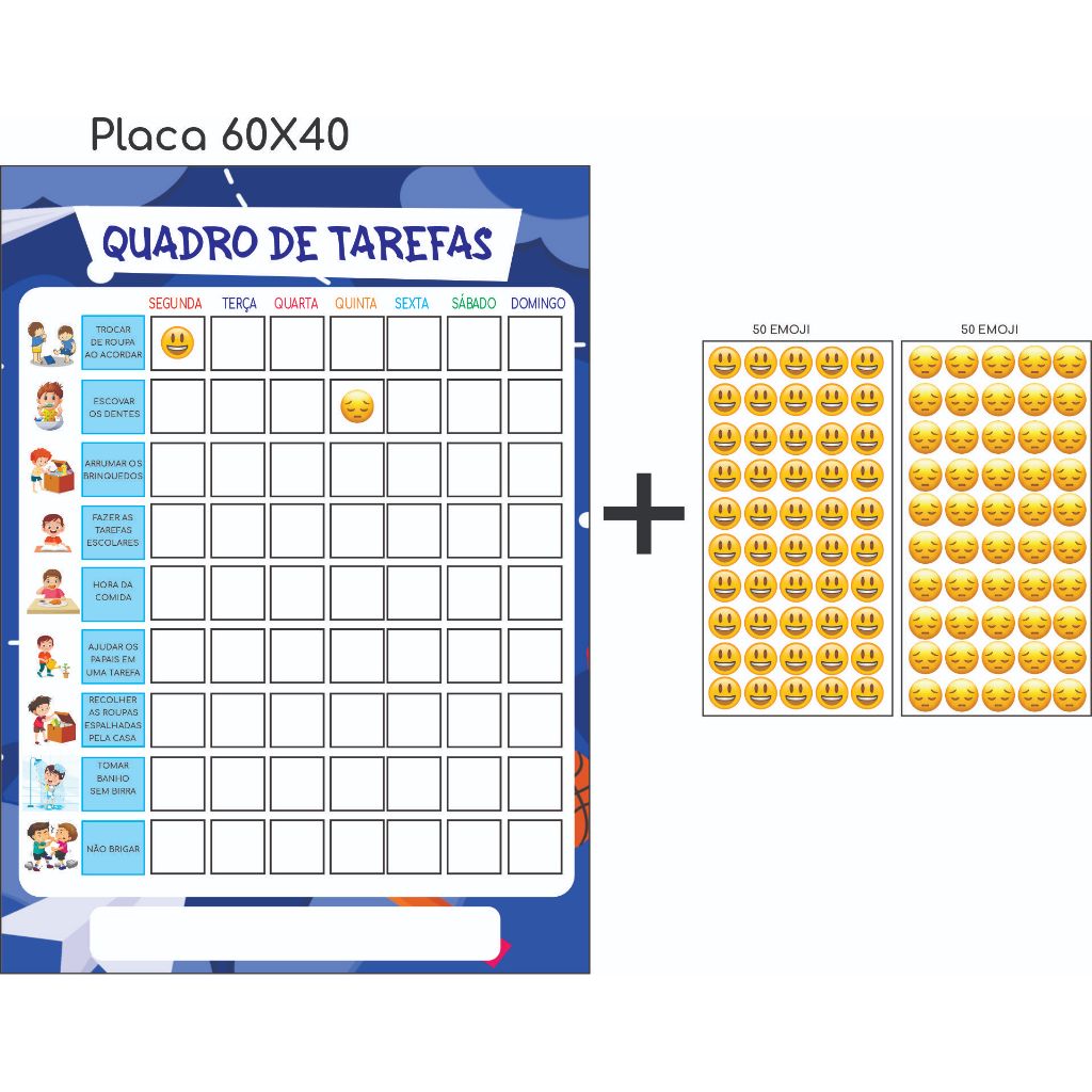 QUADRO TAREFAS DE CASA INFANTIL MENINO + CARTELA EMOJI PARA SINALIZAR