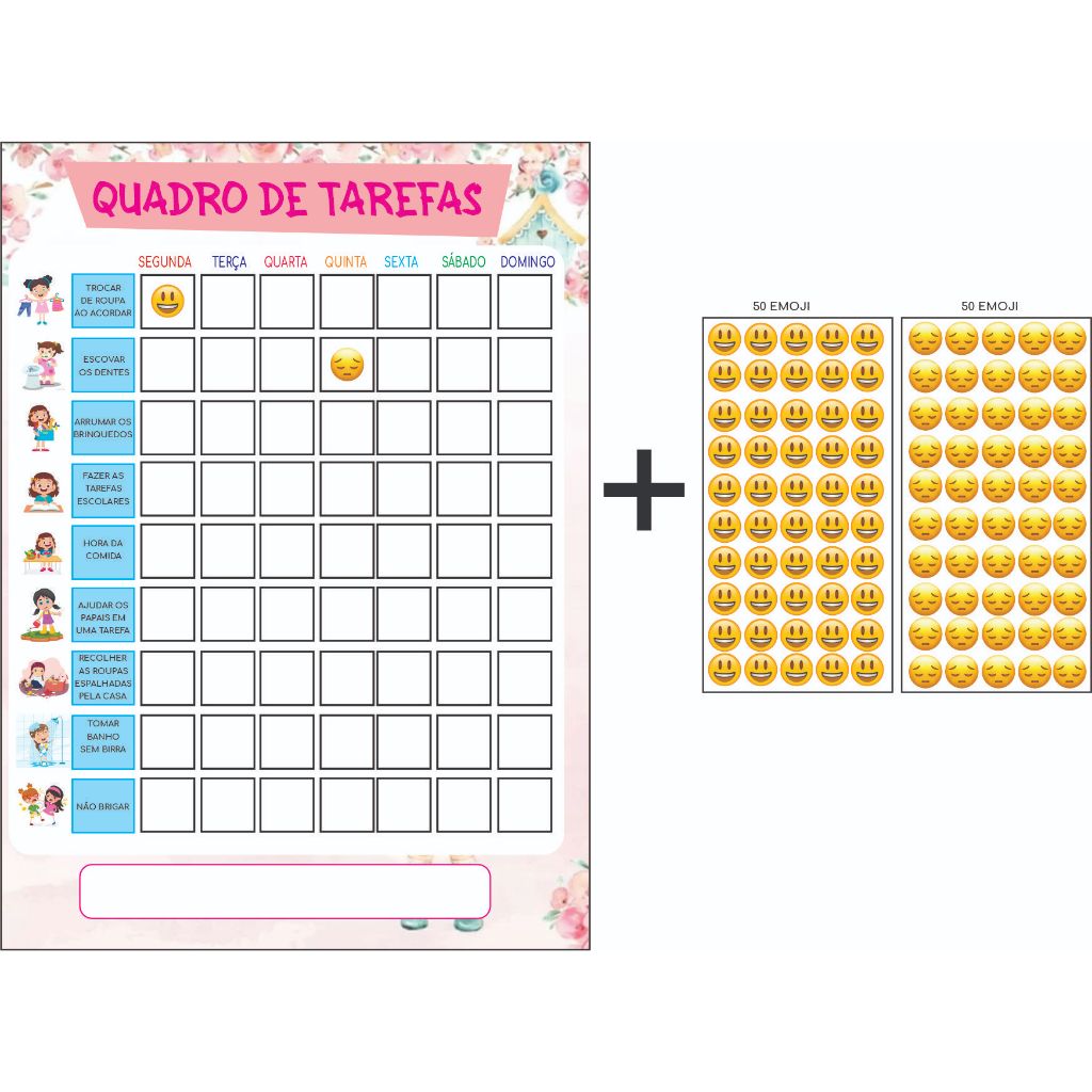 QUADRO TAREFA CASA MENINA INFANTIL + CARTELA EMOJI PARA COLAR
