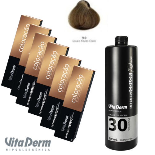 KIT COM 6 COLORAÇÃO 9.0 LOURO MUITO CLARO + LOÇÃO REVELADORA 30VL 900ML – VITA DERM