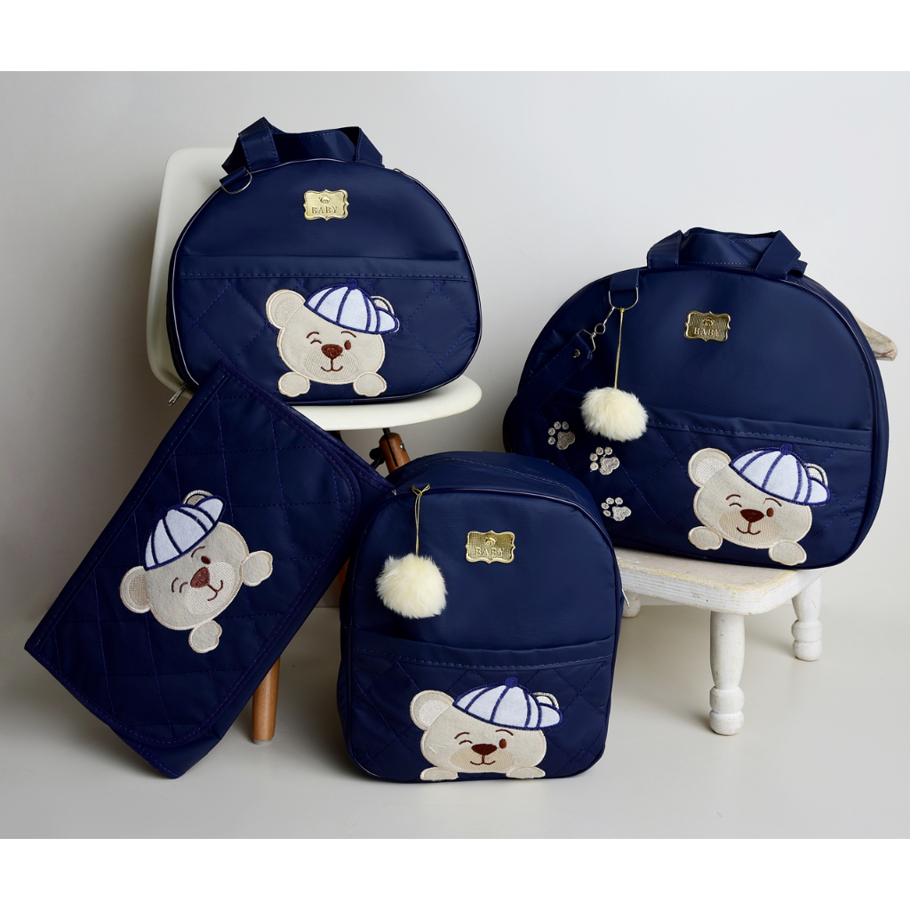 Kit de Bolsas Ursinho Bebê Para Maternidade + Trocador