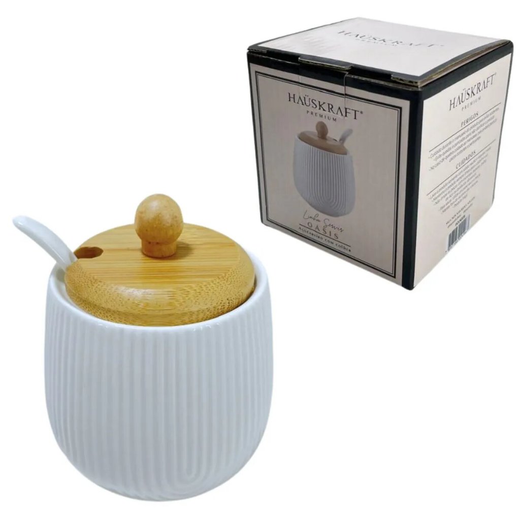 AÇUCAREIRO COM COLHER DE CERÂMICA E TAMPA EM BAMBU OASIS 360ML em Oferta na Shopee