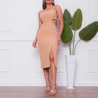 Vestido Midi Design Cut-Out Detalhe de Franzido na Cintura e Fenda Elegante Moda COD 268 em Oferta na Shopee