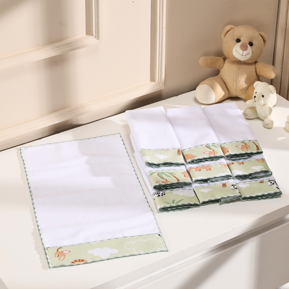 Kit 10 Toalha de Ombro Babete Pano Boca Paninho Felpudo Tecido Estampado 100% Algodão Safari Verde