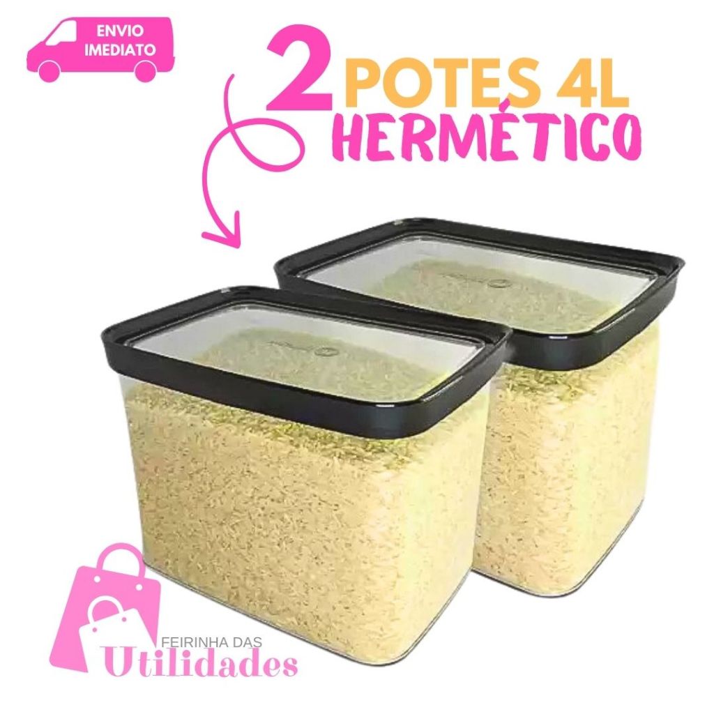 Kit 2 Potes Hermético  4 Litros Para Alimentos  Para Arroz Ração Grãos Mantimentos Empilhável